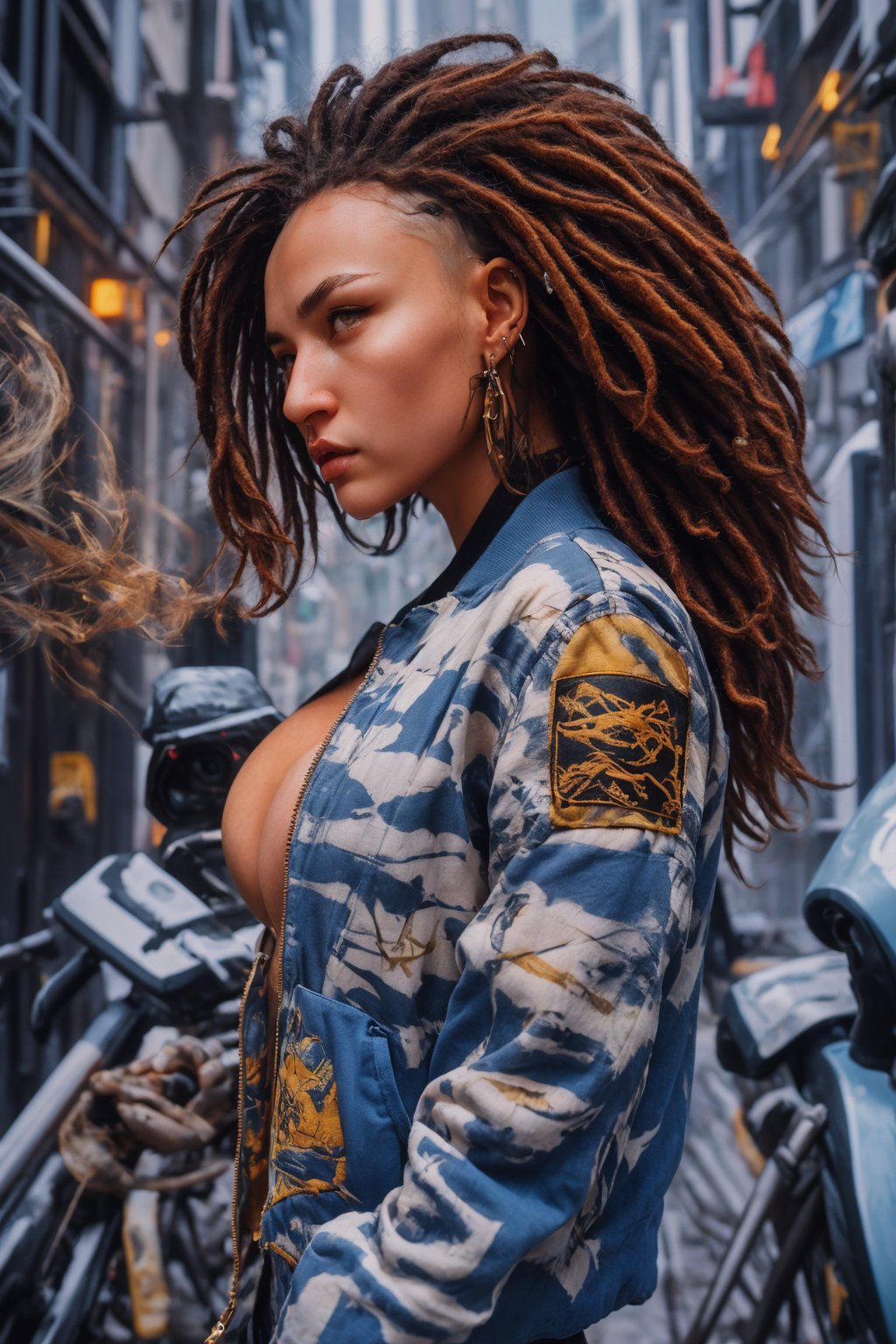 Dreadlocks hairstyles, Best quality, masterpiece, 1girl, sexy, seducing, beautiful, , big boob , red hair, long hair, yellow eyes, spiky hair, tattoos, black pants, upper body, ear piercings, blue and white bomber jacket, profile picture, smoking,Dreadlocks hairstyles