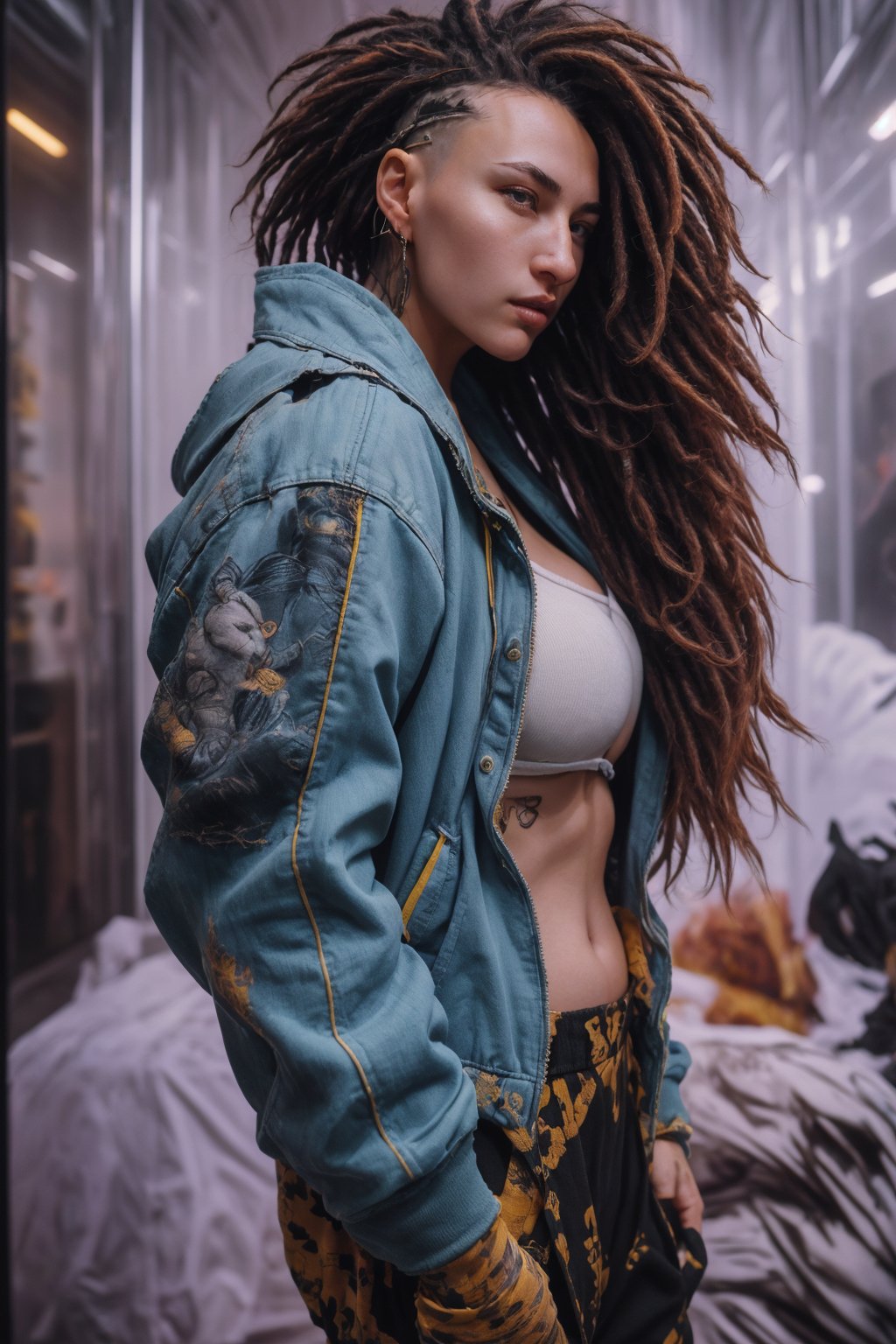 Dreadlocks hairstyles, Best quality, shaveed side hair, masterpiece, 1girl, sexy, seducing, beautiful, , busty,, red hair, long hair, yellow eyes, spiky hair, tattoos, black pants, upper body, ear piercings, blue and white bomber jacket, profile picture, smoking,Dreadlocks hairstyles