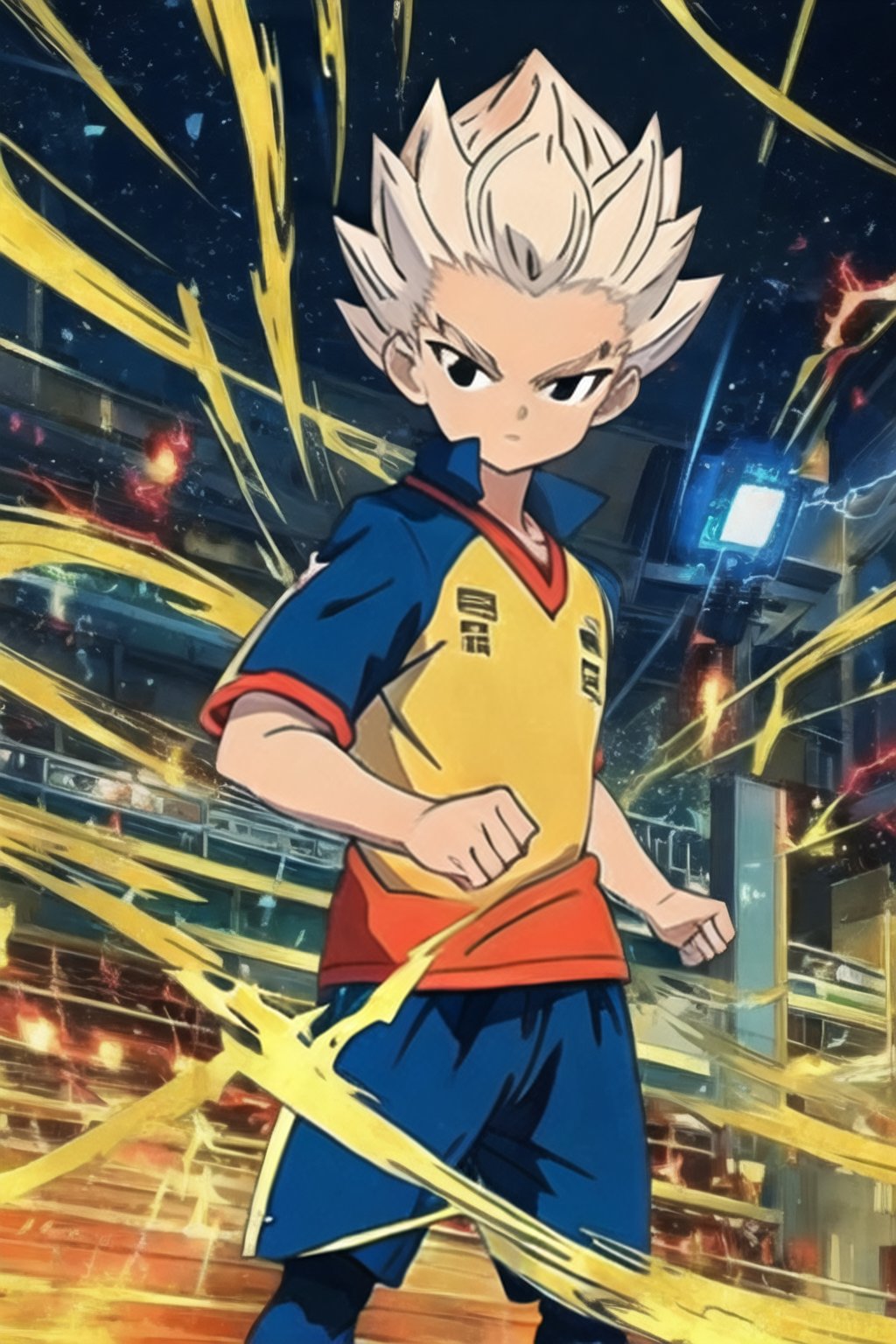 dokansyle, electricity, aura, solo,axel_blaze, 1boy, solo, male focus, white hair, black eyes, soccer uniform,