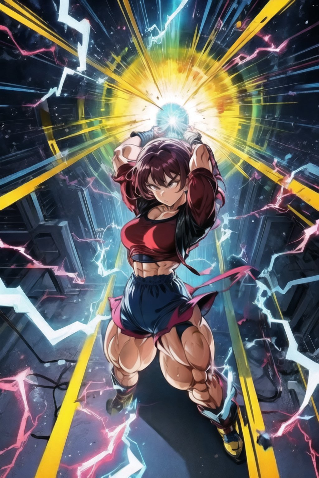 1girl, muscles, shorts, serious,dokansyle, energy, electricity, aura, solo