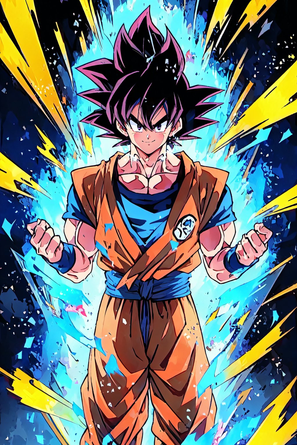 ,dokansyle, aura, electricity, energy,son goku, 1boy, solo, dougi, black eyes, black hair, blue wristband, closed mouth, dougi, hair strand, hands up, light particles, looking at viewer, male focus, muscular, muscular male, pectorals, smile, solo, spiked hair