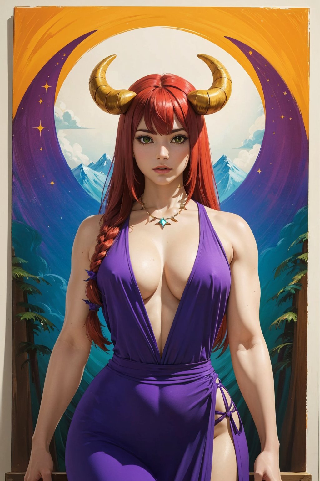 1girl, solo, Mercedes, oil painting, impasto, looking at viewer, a young woman, 18 years old, long red hair, two yellow horns, green eyes, tribal necklace, purple dress, bbw, muscular body, big breasts, wide hips,  psychedelic  background, masterpiece, nijistyle, niji, ,sciamano240, soft shading, mercedes,fantasy