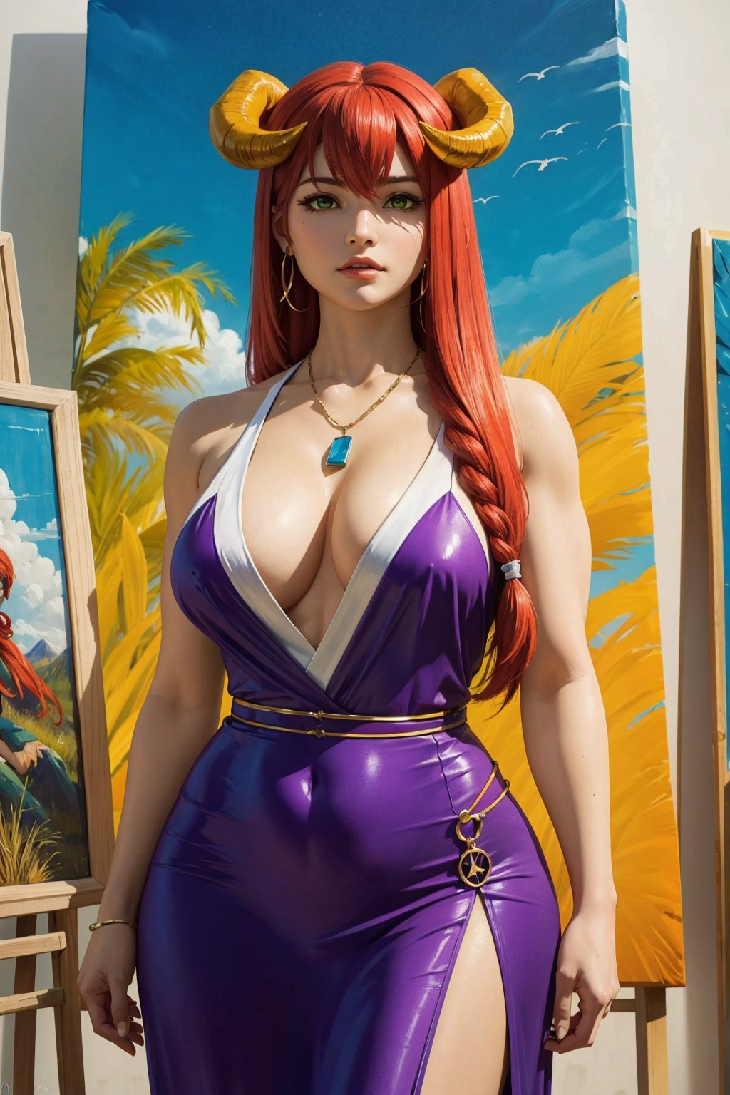 1girl, solo, Mercedes, oil painting, impasto, looking at viewer, a young woman, 18 years old, long red hair, two yellow horns, green eyes, tribal necklace, purple dress, bbw, muscular body, big breasts, wide hips,  psychedelic  background, masterpiece, nijistyle, niji, ,sciamano240, soft shading, mercedes,fantasy