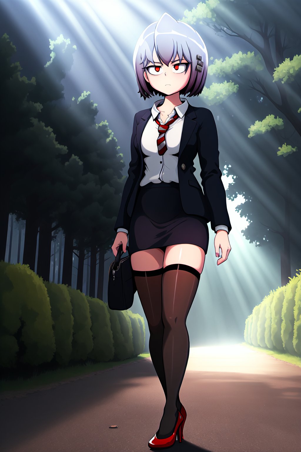 extremely detailed fine touch:1.2), masterpiece, best quality, highly quality,
BREAK, 
KirieBonin, 1girl, solo, alone, bob cut, silver hair, hair clips, red eyes, black coat, black vest, white shirt, horizontal-striped red necktie, black pencil skirt, black thighhighs, red high heels, bored, closed_mouth, looking at viewer, walking, better_hands, perfect hands, 
BREAK, 
outdoors, trees, pine trees, detailed background, complex_background, (cinematic lighting, dramatic lighting, epic lighting, light rays, ray tracing:1.2), dramatic angle