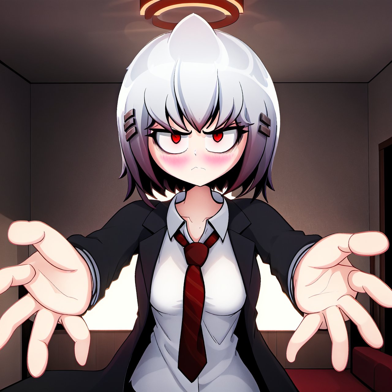 (extremely detailed fine touch:1.2), masterpiece, best quality, highly quality,
BREAK, 
KirieBonin, 1girl, solo, alone, bob cut, silver hair, hair clips, red eyes, glowin eyes, black coat, closed coat, white shirt, breasts, horizontal-striped red necktie, bored, closed_mouth, looking at viewer, blush, frown, incoming hug, pov, pov hands, 
BREAK, 
indoors, living room, room, romance_theme, romance_mood, detailed background, complex_background, (cinematic lighting, dramatic lighting, epic lighting:1.2), upper body, SpoopyStories