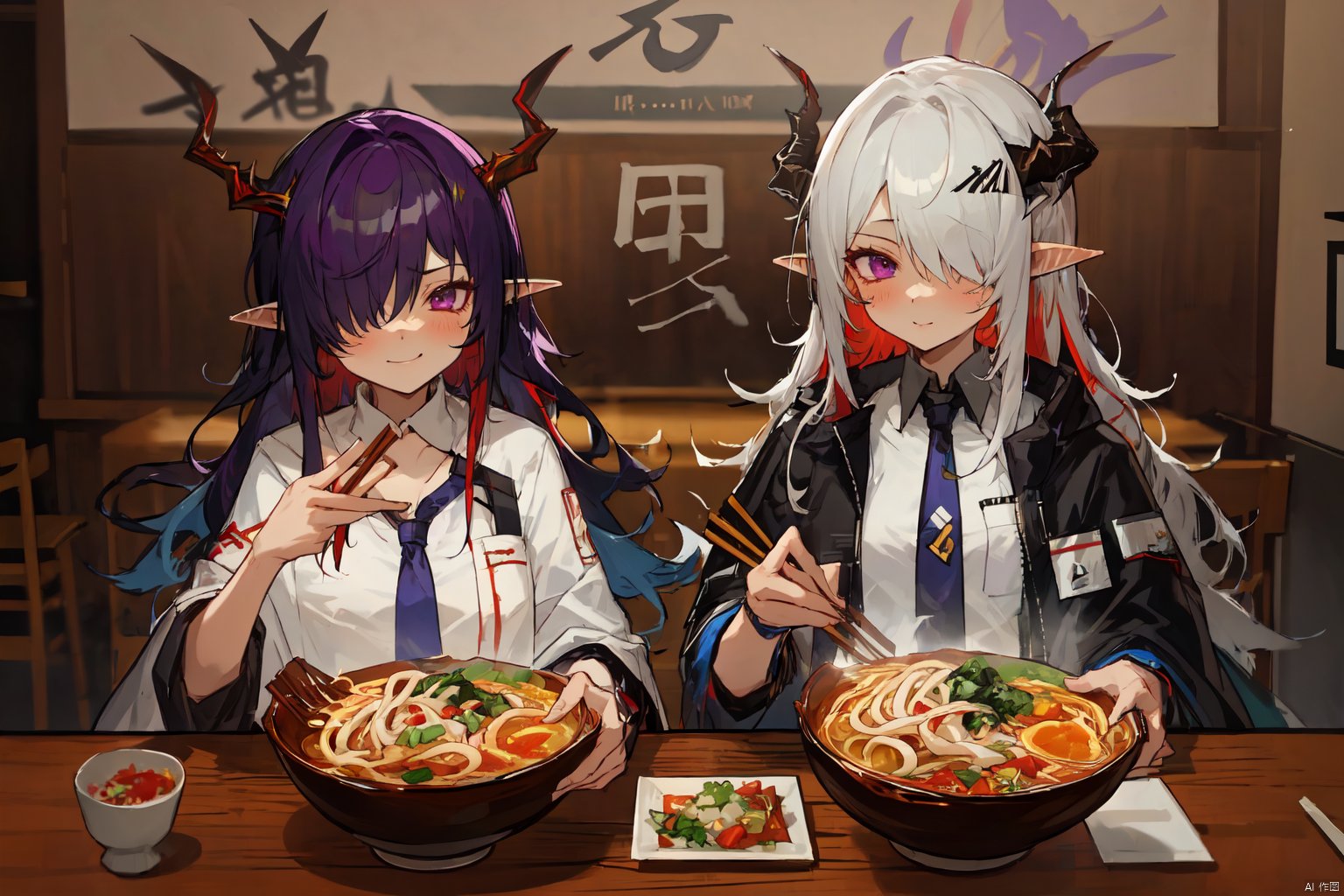 long hair, multiple girls, black hair, red eyes, holding, 2girls, jewelry, purple eyes, white hair, multicolored hair, food, necktie, horns, pointy ears, indoors, hair over one eye, colored skin, siblings, sisters, bowl, chopsticks, red skin, holding chopsticks, noodles, ramen, nian \(arknights\), dusk \(arknights\)