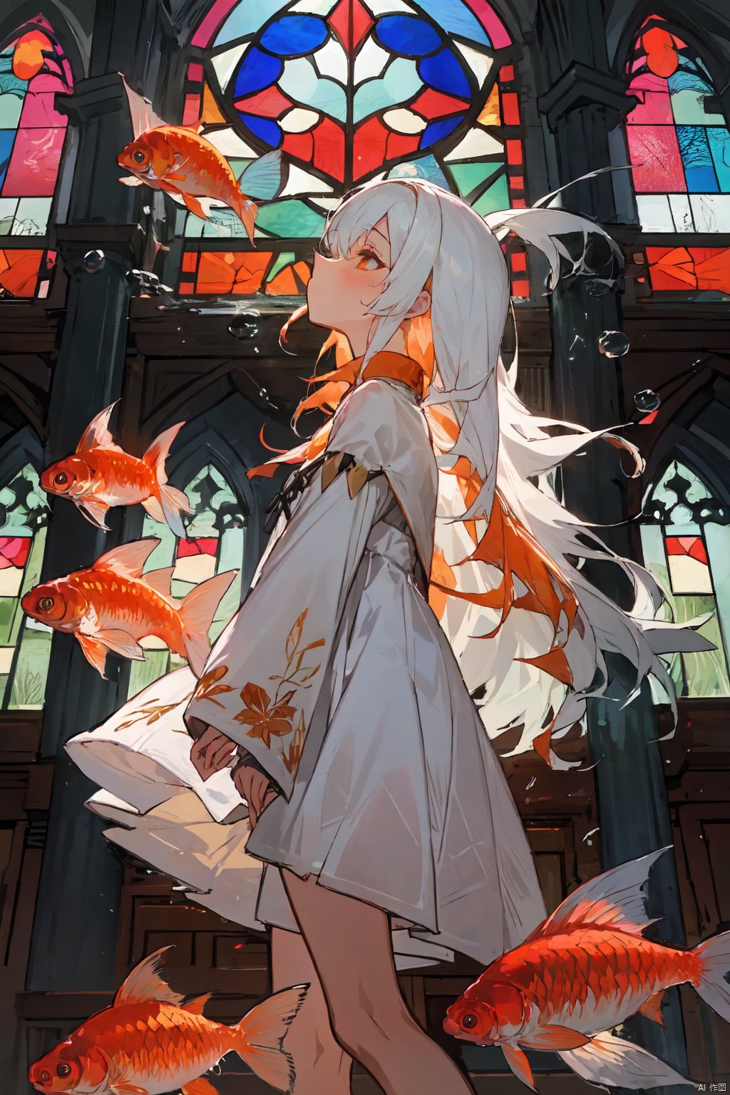 1girl, solo, long hair, bangs, long sleeves, dress, white hair, multicolored hair, indoors, white dress, orange hair, from side, window, looking up, fish, stained glass, goldfish