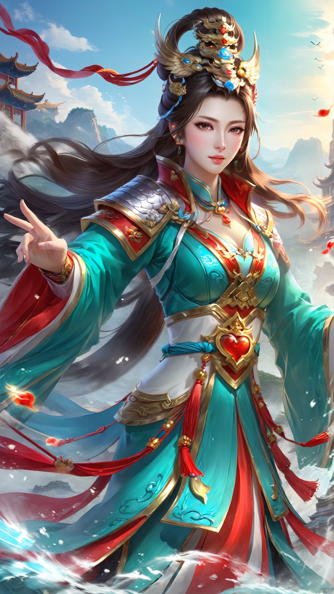 (Chinese Ancient Military Female Commander) Game cg, a heroine with a clear face, heart-shaped face, face like spring water, and flowing hair. She is dressed in lightweight Chinese clothing and exudes open-mindedness and bravery