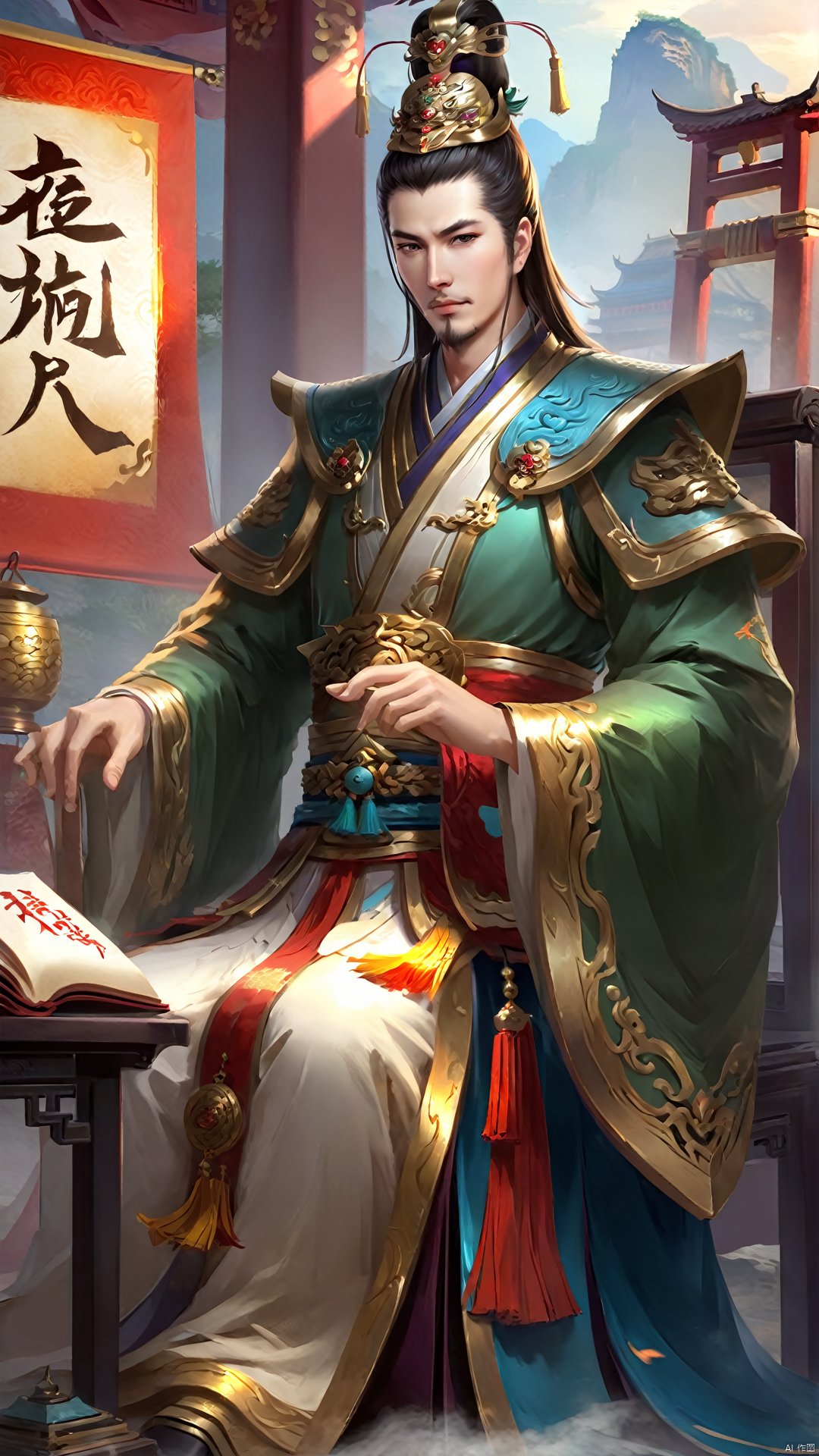  (Chinese Ancient Military Commander) Game CG, a handsome scribe with a square face sitting upright, with a sharp angular face and neat hairstyle. He is dressed in flamboyant scribe's attire, and his eyes reveal elegance and depth.