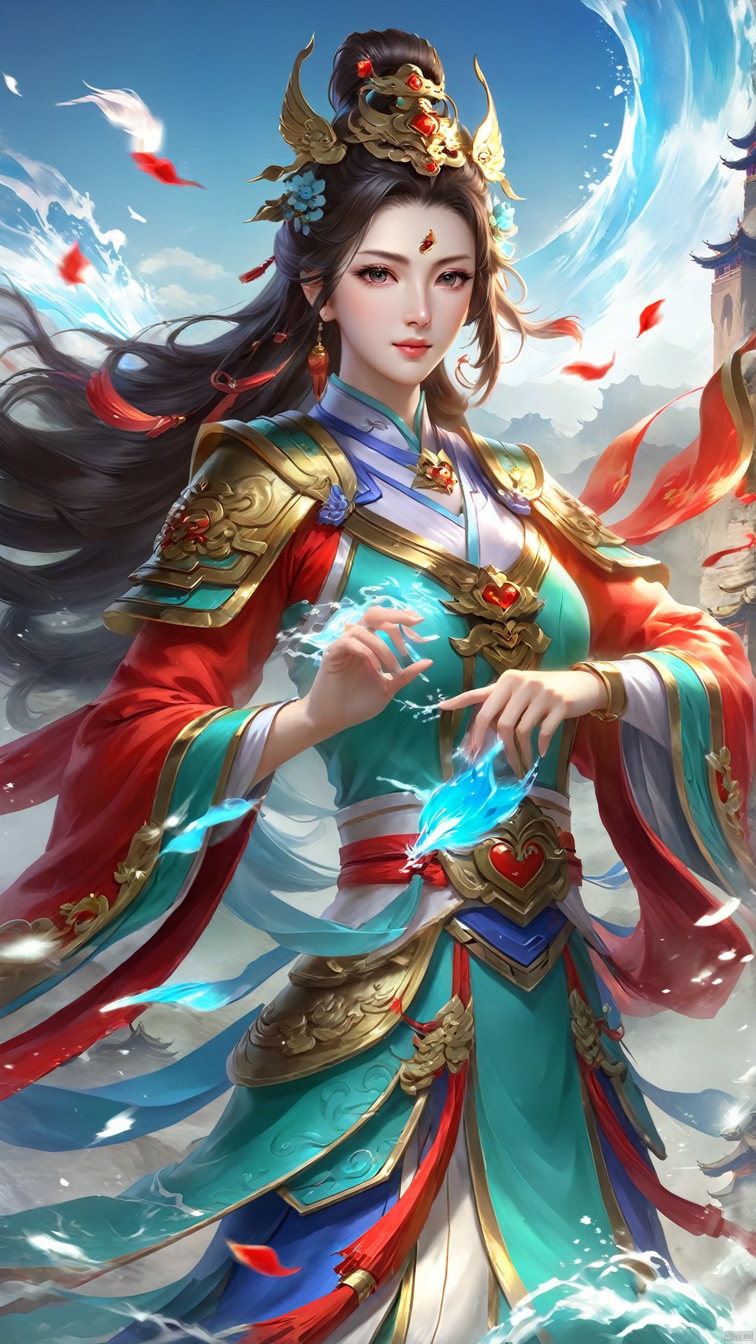 (Chinese Ancient Military Female Commander) Game cg, a heroine with a clear face, heart-shaped face, face like spring water, and flowing hair. She is dressed in lightweight Chinese clothing and exudes open-mindedness and bravery