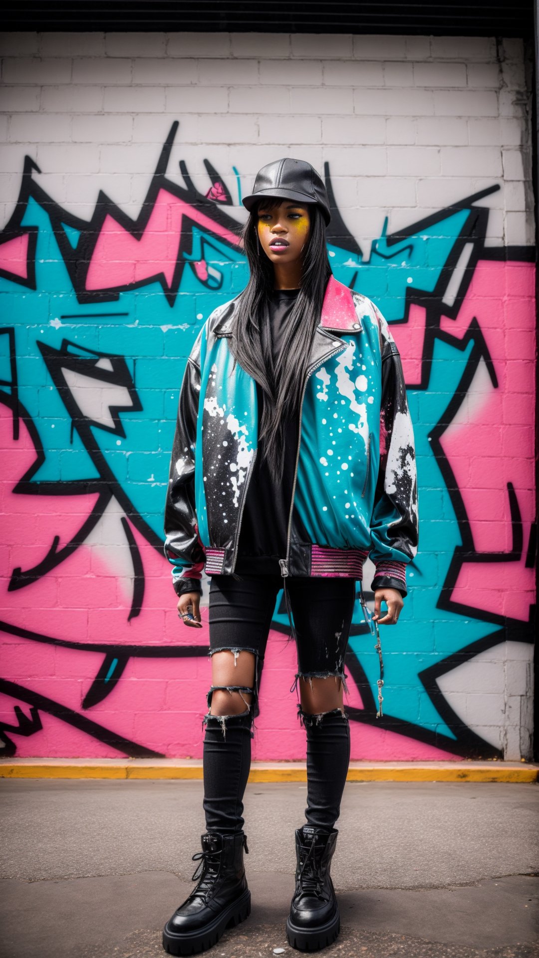 Masterpiece, Best Quality, highres, 1girl,  Abandoned warehouse, full-body shot. Edgy girl in high-end streetwear, neon paint splattered on her jacket, posing against a vibrant graffiti mural. Dramatic spotlights, contrasting textures, high detail,Realism,Detailedface,Portrait,Raw photo,photorealistic