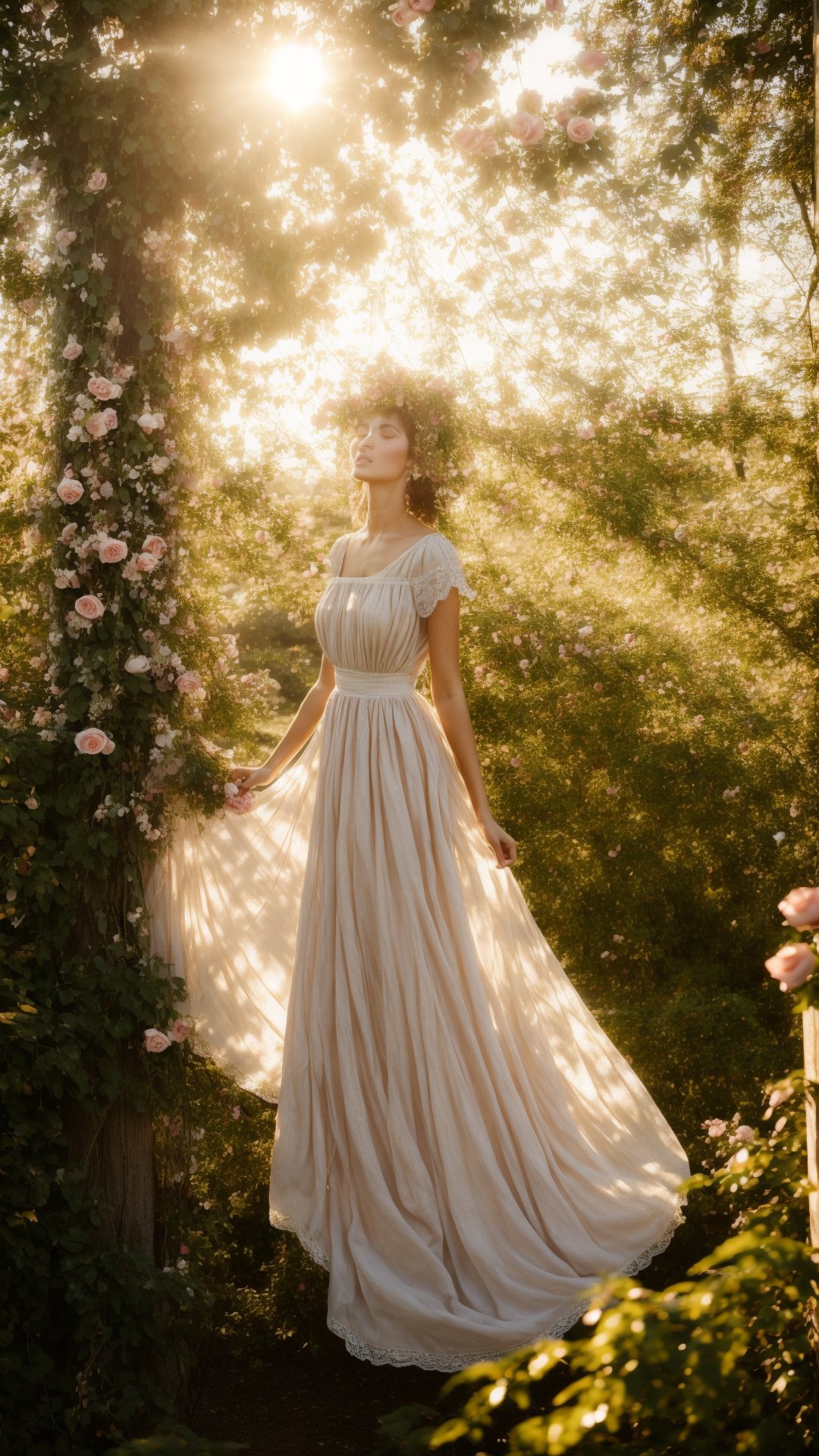 Masterpiece, Best Quality, highres, 1girl, Secret rose garden, full-body shot. A girl in a vintage linen dress, her fingers brushing velvet petals, sunlight filtering through leaves and painting her face with dappled gold. Serenity, quiet sensuality, an air of untouched purity,Realism,Detailedface,Portrait,Raw photo,photorealistic