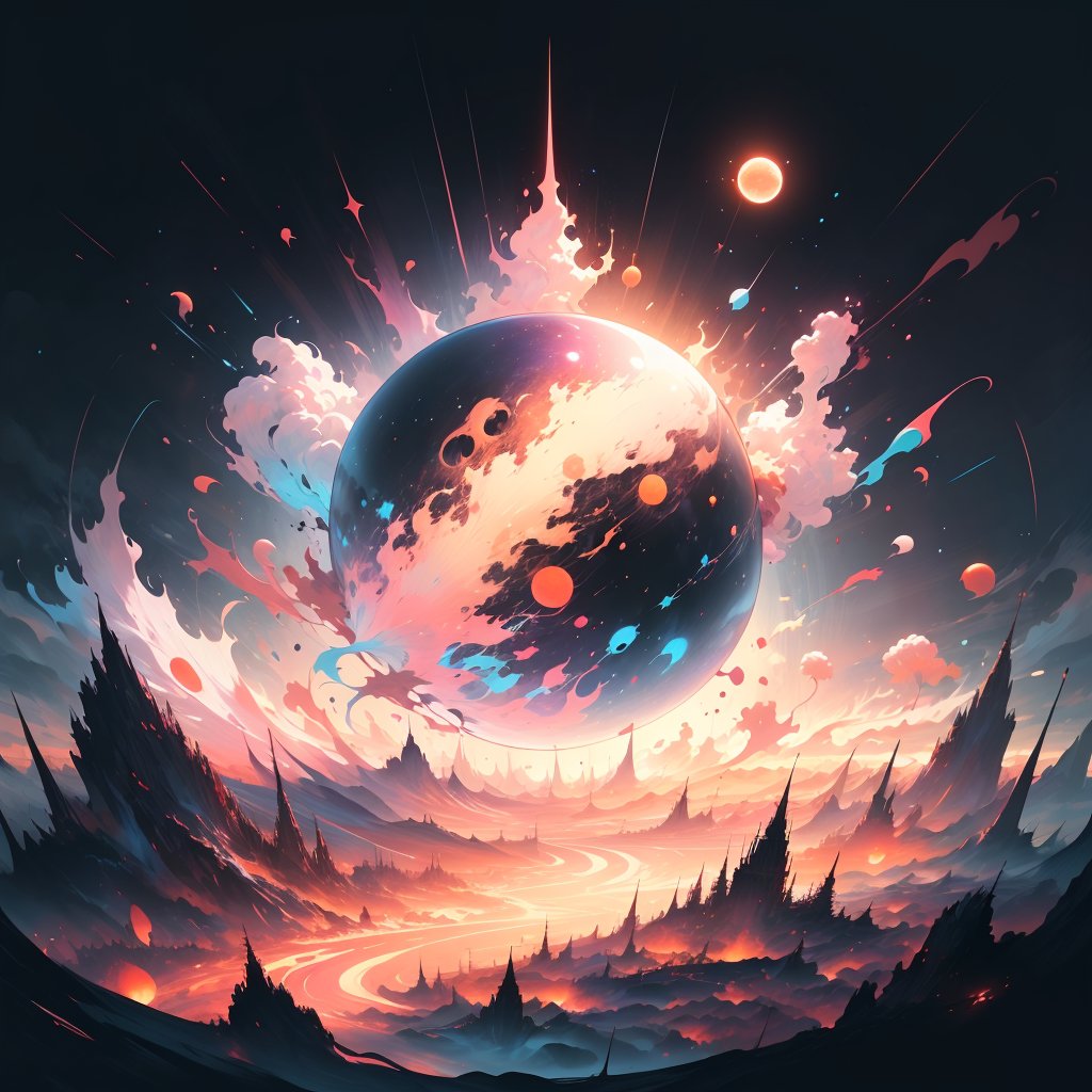 the energy flow of the universe that starts from a sphere like a black hole, glowing, galaxy energy flow,Leonardo Style, illustration,ink scenery,iso island,lofi,fantasy,whimsical,digital art, winning award masterpiece, fantastically beautiful, illustration, trending on artstation, 4k, 8k, higly detailed,vector art, Leonardo Style, illustration,ink scenery, iso island,lofi, white background, fantasy, whimsical,  