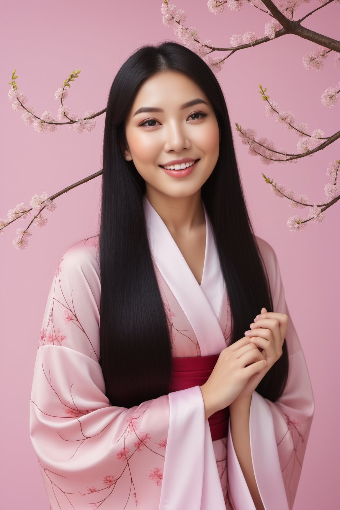 Professional portrait photo of a beautiful  woman, (Asian features:1.2), serene cherry blossom background, soft natural lighting, hyperrealistic, delicate makeup, subtle smile, (long black hair:1.3), traditional silk kimono, elegant, peaceful expression, high-resolution, cinematic.,cuteeeeeehaha