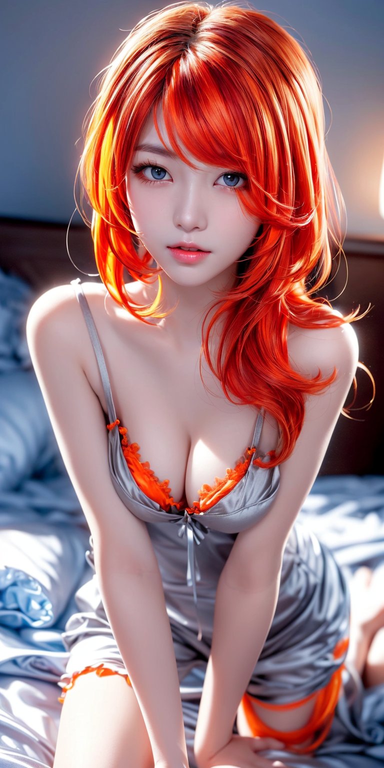 glass made 1 girl,  very bright backlighting,  solo,  {beautiful and detailed eyes}, small breasts,  calm expression,  natural and soft light, delicate facial features,  Blunt bangs,  beautiful Taiwan girl,  eye smile, 22yo,  ((model pose)),  Glamor body type, (colorful hair,  Half red and half orange hair, Disheveled hair:1.6),  flim grain,  realhands,  masterpiece,  Best Quality,  photorealistic,  ultra-detailed,  finely detailed,  high resolution, brown messy hair,  perfect dynamic composition,  beautiful detailed eyes, (Korean girl:1.4), ((nervous and embarrassed)), sharp-focus,  beautymix,  FilmGirl, (wearing a grey satin camisole:1.3), (sexy pose:1.4), facing reality, (on the bed:1.4), basking in the morning sun , coeboy shot, girl,<lora:EMS-179-EMS:0.500000>,<lora:EMS-1093-EMS:0.500000>,<lora:EMS-280118-EMS:0.400000>