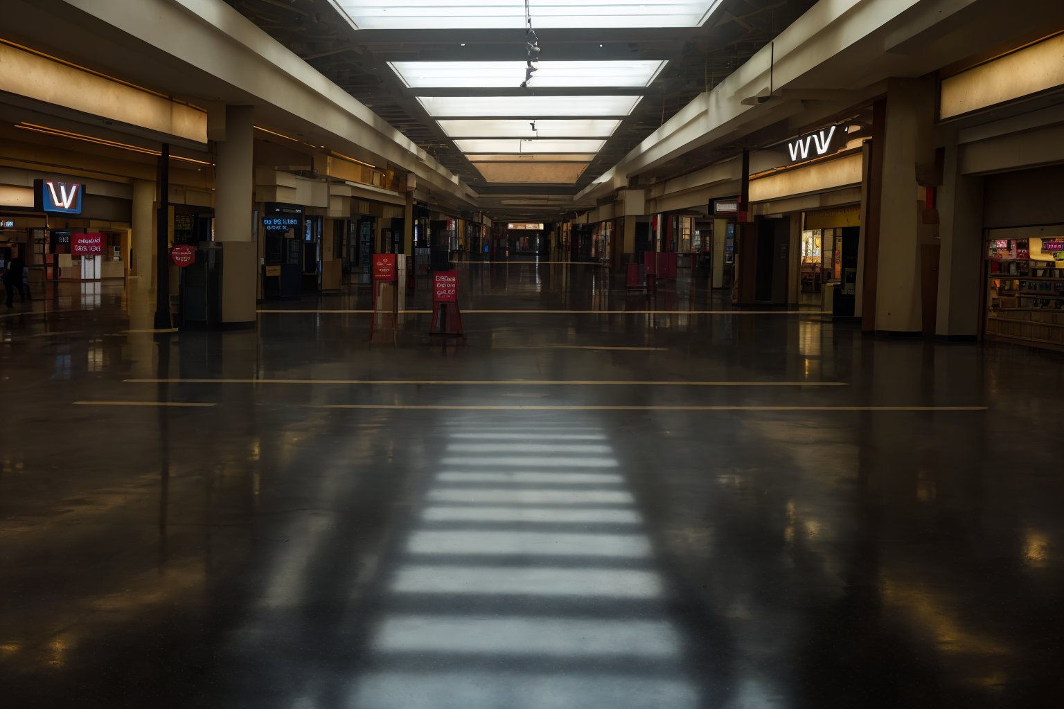 (masterpiece,best quality,4k),(RAW photo,grainy footage,photorealistic),(hdr),(vhs filter:1.5),level-33, The Infinite Mall,(indoors),modern,abandoned mall,in disrepair,rundown,(atmospheric,dark lighting:1.8,minimal lighting,darkroom,lighting is coming only from one store:1.5),(hdr),volumetric lighting,eerie,creepy,backroom,liminal space,huge mall,huge wide open space,very tall ceiling,multiple floors,foggy,),stores on either side,escalators,