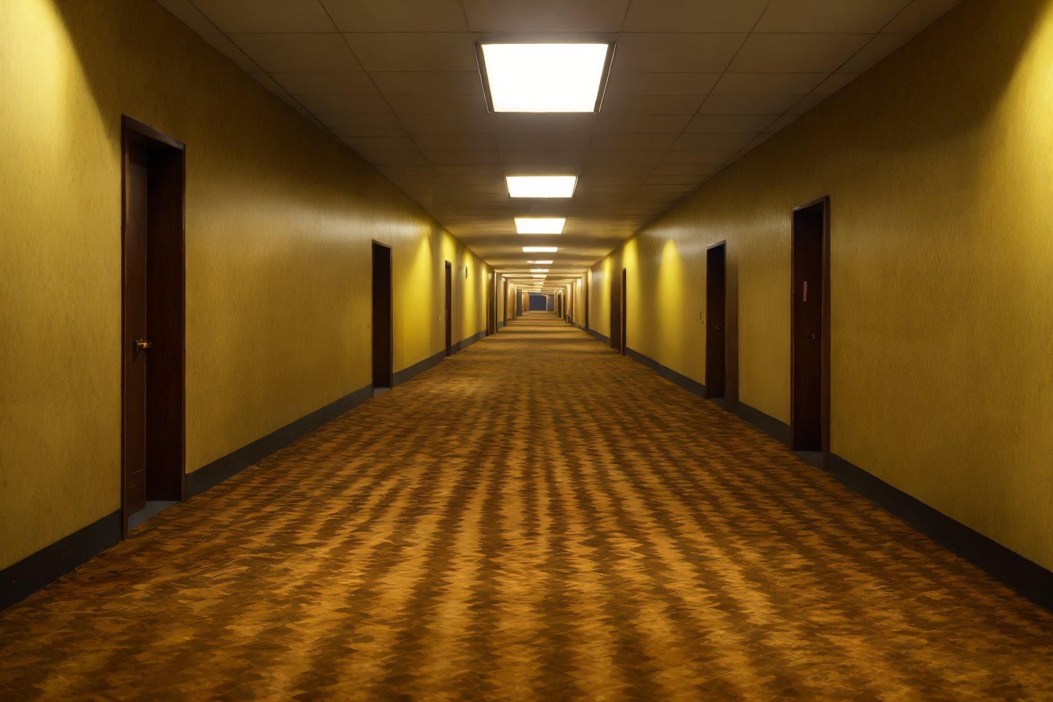 (masterpiece,best quality,4k),(RAW photo,photorealistic),(hdr),vhs filter,level-0, Tutorial Level,fluorescent lighting on ceiling,patterned walls,multiple corridoors,labyrinthian,long hallway,the lobby,(indoors),strange architecture,(yellow walls,carpeted floors,),volumetric lighting,backroom,liminal space,endless complex,dark rooms ahead,