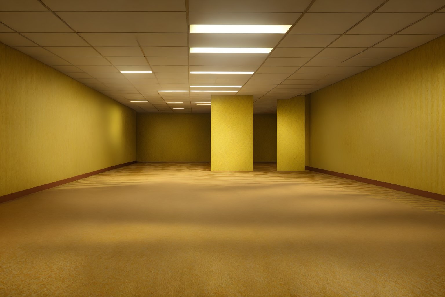 (masterpiece,best quality,4k),(RAW photo,photorealistic),(hdr),vhs filter,level-0, Tutorial Level,fluorescent lighting on ceiling,patterned walls,long corridoors,(indoors),strange architecture,(yellow walls,carpeted floors,),volumetric lighting,backroom,liminal space