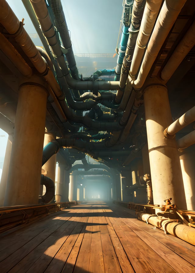 <lora:D1s-Backroom:0.62>, backroom, liminal space, uploaded artstation, by Adrianus Eversen , by Raphael Lacoste , by Frederic Church , by Andreas Achenbach,Level-2,Pipe Dreams,inside,pipeline,engineering,pipe,basement,wooden floor,corridor,infinity corridor,concrete wall,BREAK,sci-fi , fog , shadow ,  , water,(photorealistic), [sharp focus], (HDR), (8k), (gigapixel), (masterpiece)