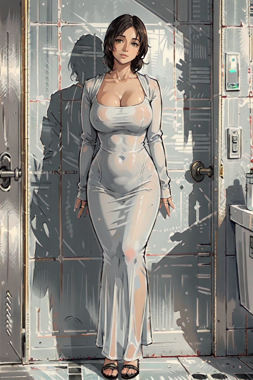 (best quality,masterpiece:1.2),ultra detailed,(photo realistic:1.4), (realistic), close-up, (Background stained yellow and white tiles bathroom), solo,1girl, lewd smil,
(mature female, older, milf, motherly:1.4), full body,bodycon dresses