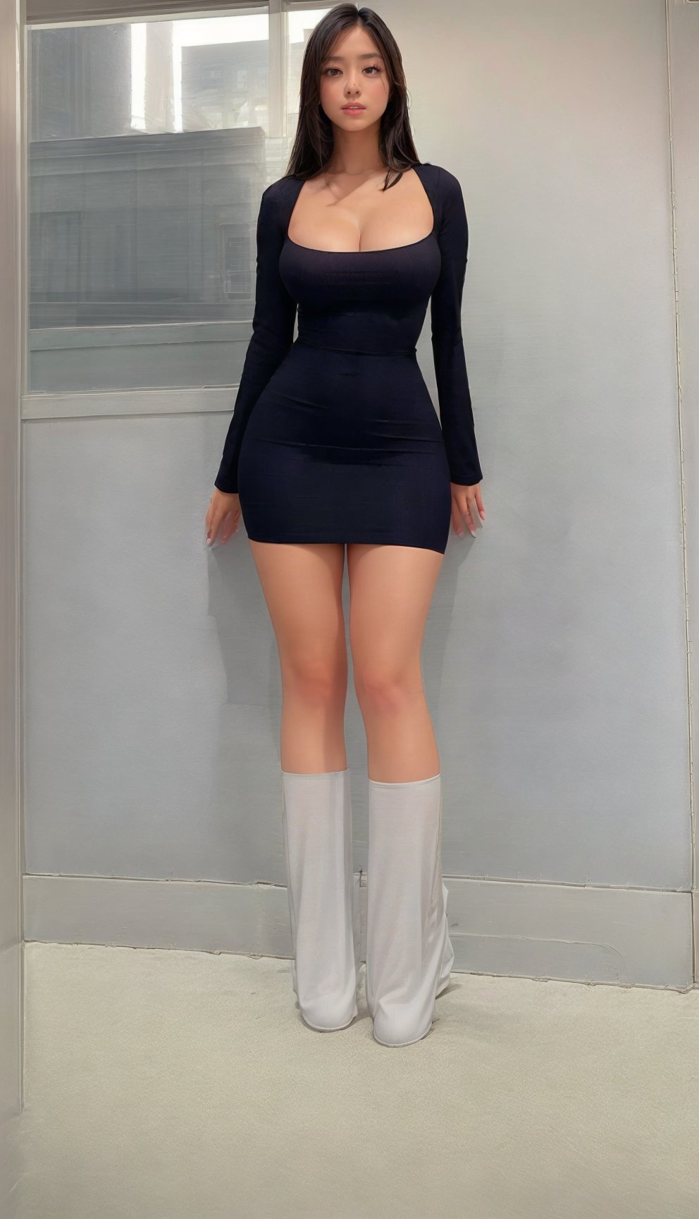  (best quality), (masterpiece), (high resolution), (1girl/beautiful korean girl/20 year old:1.3),8k, Extremely detailed and beautiful, Incredibly detailed,(Realistic, Realistic:1.37), (photorealistic), (cinematic light), (shirt, long_coat, tight_skirt), (perfect face, pretty body, beatiful eyes, big breasts), (Realistic, Realistic:1.37), (full body:2.0), blush, perfect anatomy, thigh gap, looking at viewer, ((upper body)). looking at viewer, (A little far away), professional lighting, dynamic pose, RAW, long hair, cafe, large window, Sitting on a cafe chair and looking at the city, night view,bodycon dresses