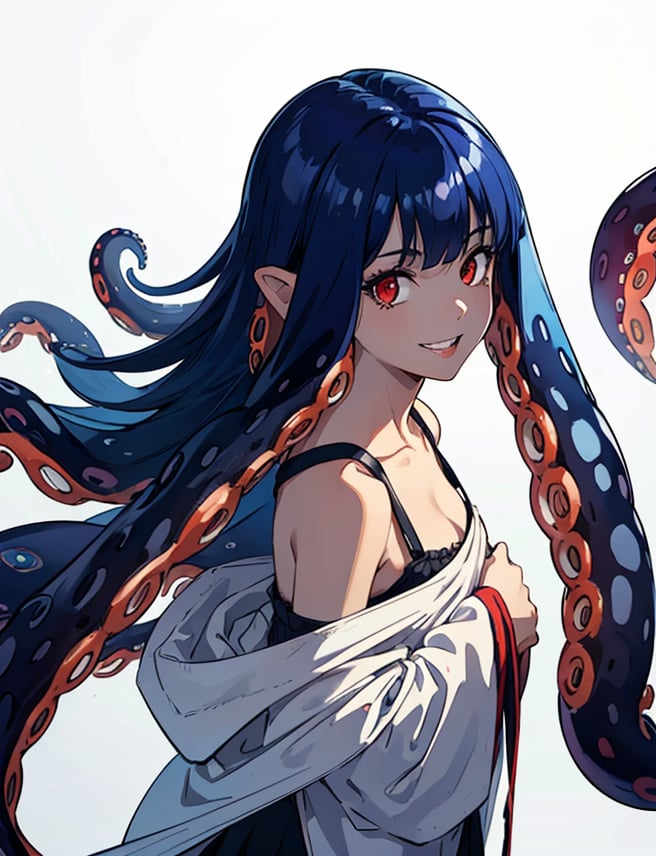 solo, long hair, looking at viewer, smile, simple background, red eyes, 1girl, white background, very long hair, blue hair, standing,  teeth, monster, black skin,highres, (portrait:.6),Detailedface,
(detailed face:1), (tentacle hair:1.4),ASU1