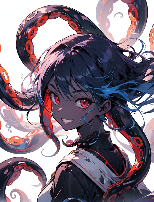 solo, long hair, looking at viewer, smile, simple background, red eyes, 1girl, white background, very long hair, blue hair, standing,  teeth, monster, black skin,highres, (portrait:.7),Detailedface,
(detailed face:1.2), (tentacle hair:1.4),ASU1