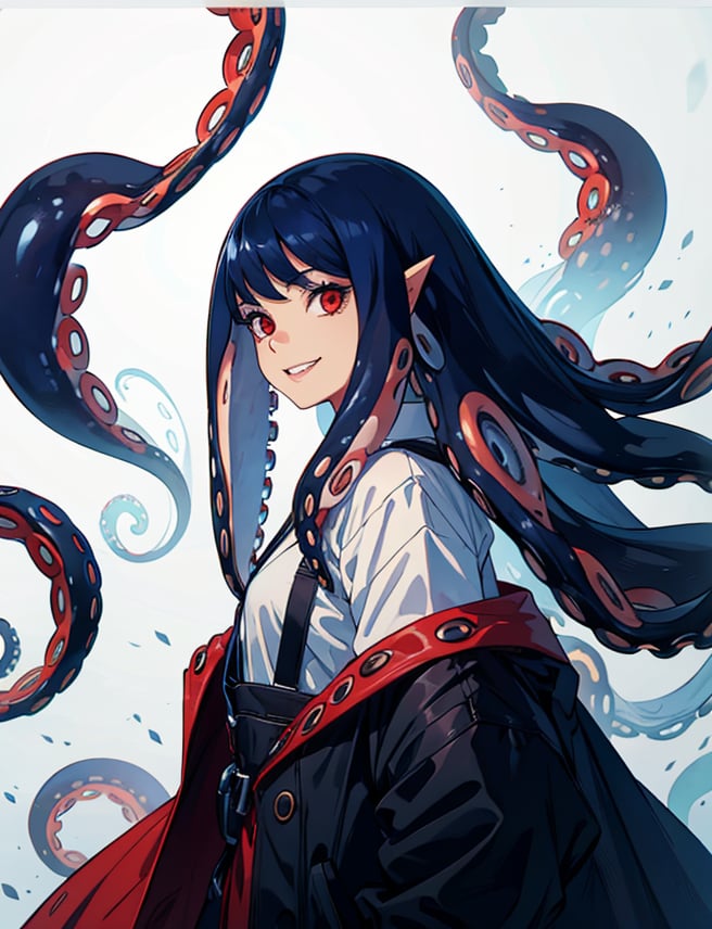 solo, long hair, looking at viewer, smile, simple background, red eyes, 1girl, white background, very long hair, blue hair, standing,  teeth, monster, black skin,highres, (portrait:.6),Detailedface,
(detailed face:1), (tentacle hair:1.4),ASU1