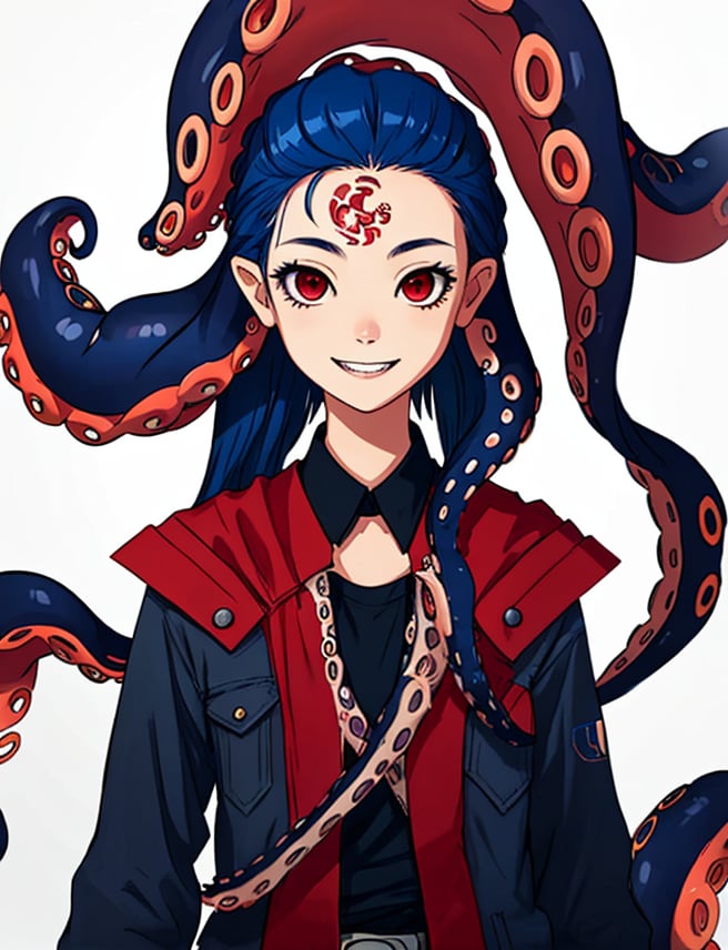 solo, long hair, looking at viewer, smile, simple background, red eyes, 1girl, white background, very long hair, blue hair, standing,  teeth, monster, black skin,highres, (portrait:.6),Detailedface,
(detailed face:1), (tentacle hair:1.4),ASU1