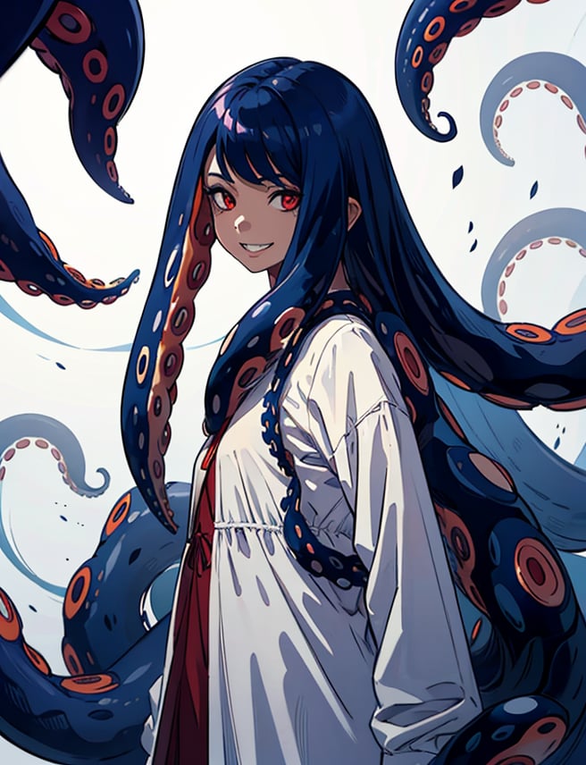 solo, long hair, looking at viewer, smile, simple background, red eyes, 1girl, white background, very long hair, blue hair, standing,  teeth, monster, black skin,highres, (portrait:.6),Detailedface,
(detailed face:1), (tentacle hair:1.4),ASU1