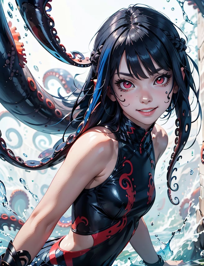 solo, long hair, looking at viewer, smile, simple background, red eyes, 1girl, white background, very long hair, blue hair, standing,  teeth, tentacles, colored sclera, blue skin, black sclera, head fins, monster, black skin,highres, (portrait:.7),Detailedface,
(detailed face:1.2), (tentacle hair:1.1),ASU1
