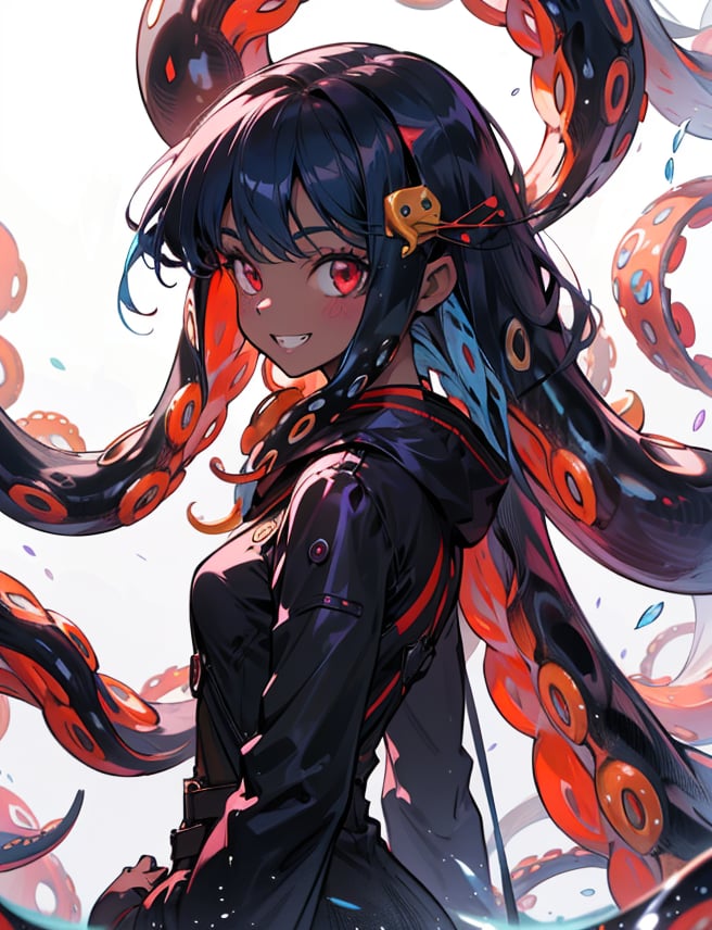 solo, long hair, looking at viewer, smile, simple background, red eyes, 1girl, white background, very long hair, blue hair, standing,  teeth, monster, black skin,highres, (portrait:.6),Detailedface,
(detailed face:1), (tentacle hair:1.4),ASU1