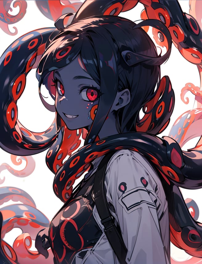 solo, long hair, looking at viewer, smile, simple background, red eyes, 1girl, white background, very long hair, blue hair, standing,  teeth, tentacles, colored sclera, blue skin, black sclera, monster, black skin,highres, (portrait:.7),Detailedface,
(detailed face:1.2), (tentacle hair:1.6),ASU1