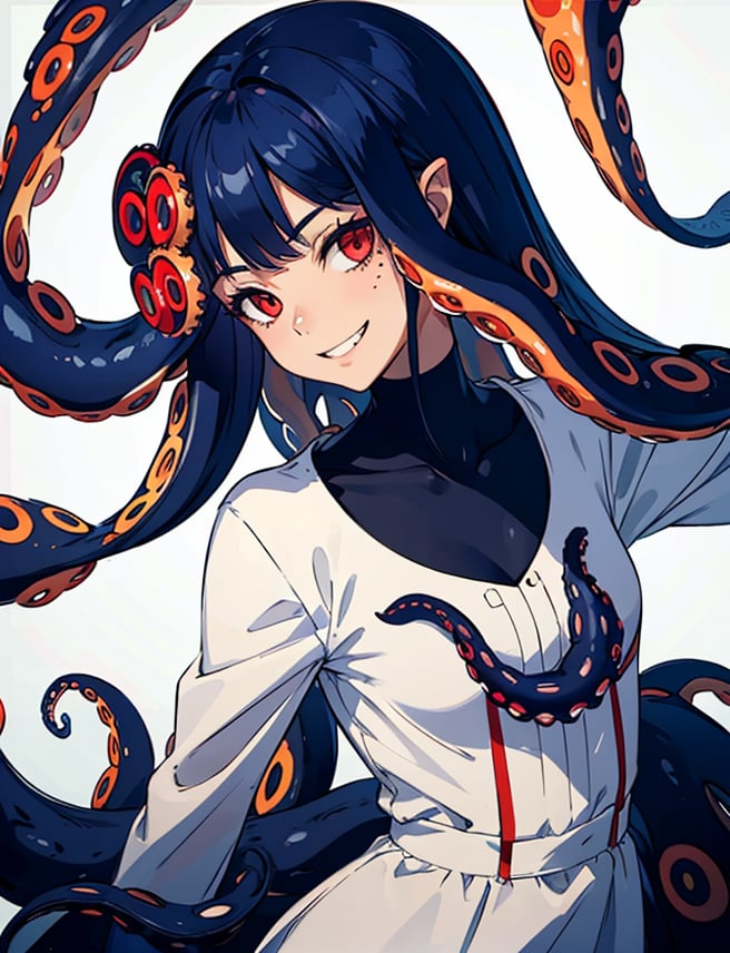 solo, long hair, looking at viewer, smile, simple background, red eyes, 1girl, white background, very long hair, blue hair, standing,  teeth, monster, black skin,highres, (portrait:.6),Detailedface,
(detailed face:1), (tentacle hair:1.4),ASU1