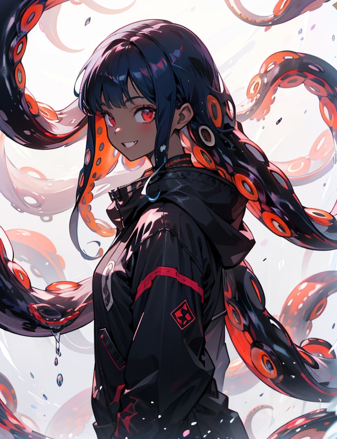 solo, long hair, looking at viewer, smile, simple background, red eyes, 1girl, white background, very long hair, blue hair, standing,  teeth, monster, black skin,highres, (portrait:.6),Detailedface,
(detailed face:1), (tentacle hair:1.4),ASU1