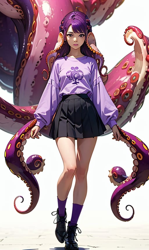 1girl, solo, long hair, looking at viewer, skirt, simple background, shirt, long sleeves, white background, very long hair, standing, purple eyes, full body, pink hair, purple hair, black skirt, black footwear, sleeves past wrists, antenna hair, monster girl, tentacles, sleeves past fingers, pink shirt

 (purple tentacle hair:1.4),(tentacles in hair:1.4), More Detail