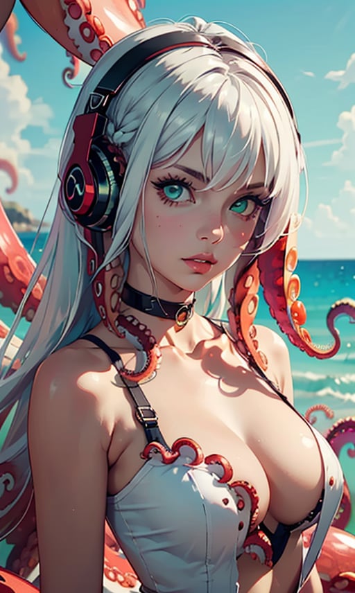 1girl, solo, long hair, breasts, looking at viewer, large breasts, cleavage, medium breasts, green eyes, upper body, red hair, parted lips, choker, aqua eyes, lips, headphones, monster girl, tentacles, tentacle hair, suction cups, scylla
 (white tentacle hair:1.4),(tentacles in hair:1.4), More Detail