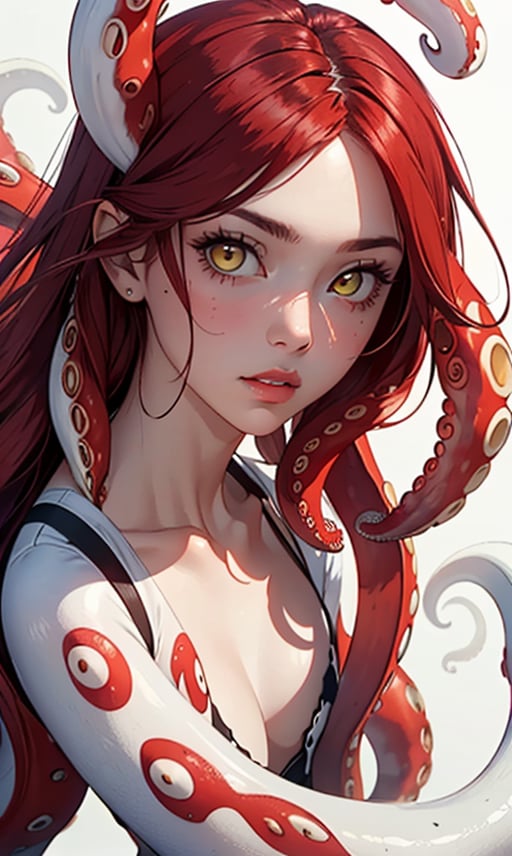 1girl, solo, long hair, looking at viewer, simple background, yellow eyes, red hair, parted lips, monster girl, portrait, tentacles, brown background, tentacle hair, suction cups, scylla
(white tentacle hair:1.4),(white tentacles in hair:1.4), More Detail,monster girl