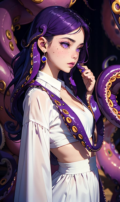 1girl, solo, long hair, long sleeves, dress, jewelry, purple eyes, upper body, purple hair, earrings, parted lips, hand up, signature, mole, lips, looking to the side, makeup, looking away, mole under mouth, puffy long sleeves, curly hair, purple theme, suction cups
(purple tentacle hair:1.4),(purple tentacles in hair:1.4), More Detail,monster girl