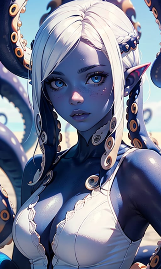 1girl, solo, breasts, looking at viewer, blue eyes, medium breasts, upper body, pointy ears, lips, colored skin, monster girl, tentacle hair, blue skin, grey skin, alien

(white tentacle hair:1.4),(white tentacles in hair:1.4), More Detail,monster girl