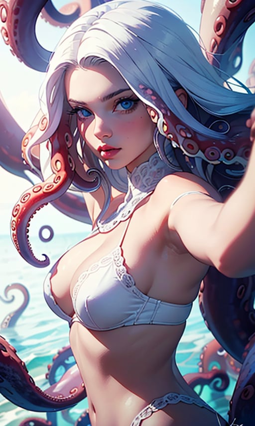 1girl, solo, long hair, looking at viewer, blue eyes, white hair, signature, nail polish, lips, fingernails, black nails, tentacles, realistic, nose, octopus, suction cups

(white tentacle hair:1.4),(white tentacles in hair:1.4), More Detail,monster girl