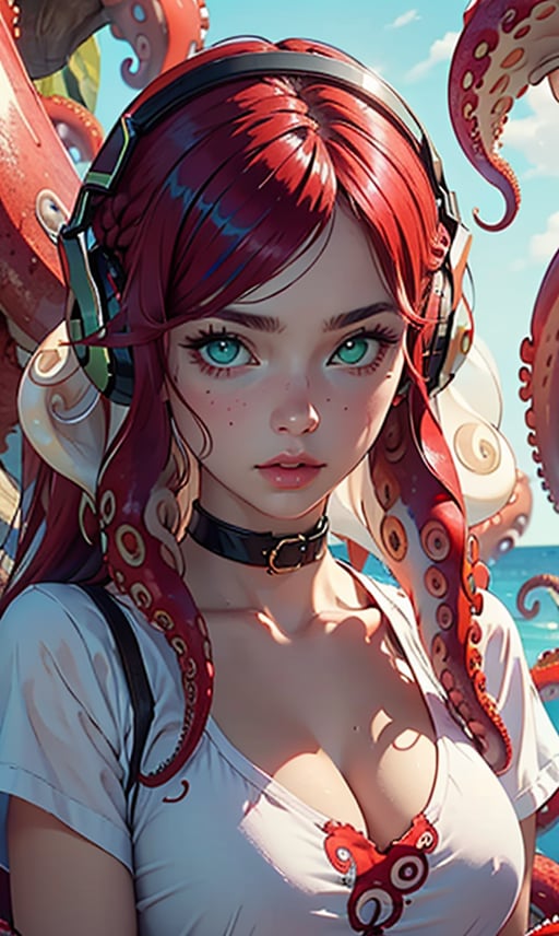 1girl, solo, long hair, breasts, looking at viewer, large breasts, cleavage, medium breasts, green eyes, upper body, red hair, parted lips, choker, aqua eyes, lips, headphones, monster girl, tentacles, tentacle hair, suction cups, scylla
 (white tentacle hair:1.4),(tentacles in hair:1.4), More Detail