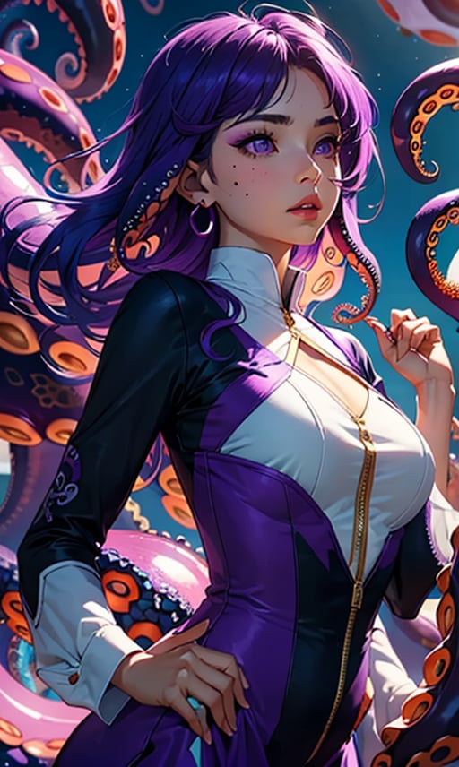 1girl, solo, long hair, long sleeves, dress, jewelry, purple eyes, upper body, purple hair, earrings, parted lips, hand up, signature, mole, lips, looking to the side, makeup, looking away, mole under mouth, puffy long sleeves, curly hair, purple theme, suction cups
(purple tentacle hair:1.4),(purple tentacles in hair:1.4), More Detail,monster girl