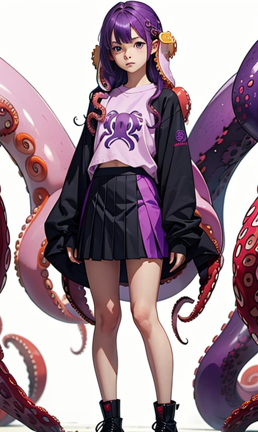 1girl, solo, long hair, looking at viewer, skirt, simple background, shirt, long sleeves, white background, very long hair, standing, purple eyes, full body, pink hair, purple hair, black skirt, black footwear, sleeves past wrists, antenna hair, monster girl, tentacles, sleeves past fingers, pink shirt

 (purple tentacle hair:1.4),(tentacles in hair:1.4), More Detail