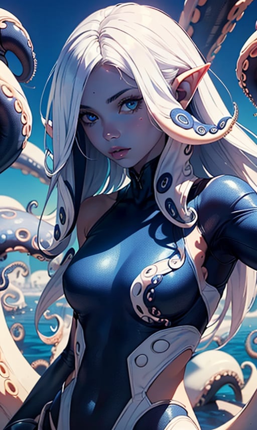 1girl, solo, breasts, looking at viewer, blue eyes, medium breasts, upper body, pointy ears, lips, colored skin, monster girl, tentacle hair, blue skin, grey skin, alien

(white tentacle hair:1.4),(white tentacles in hair:1.4), More Detail,monster girl