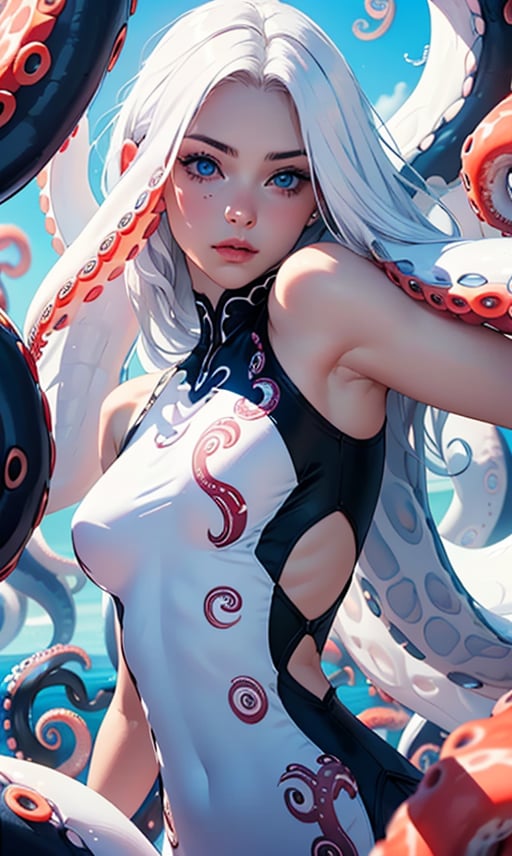 1girl, solo, long hair, looking at viewer, blue eyes, white hair, signature, nail polish, lips, fingernails, black nails, tentacles, realistic, nose, octopus, suction cups

(white tentacle hair:1.4),(white tentacles in hair:1.4), More Detail,monster girl