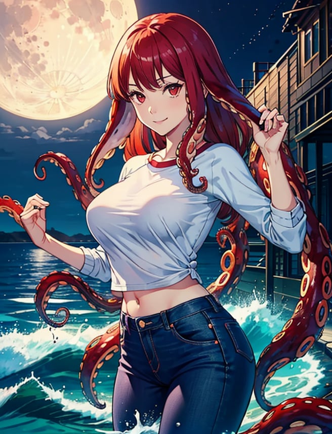 1girl, solo, long hair, breasts, looking at viewer, smile, large breasts, shirt, red eyes, navel, white shirt, red hair, outdoors, sky, midriff, pants, cloud, water, night, ocean, black pants, moon, denim, monster girl, night sky, tentacles, full moon, jeans, tentacle hair, raglan sleeves, waves



(portrait:.6),Detailedface,
(detailed face:1), (tentacle hair:1.4),ASU1