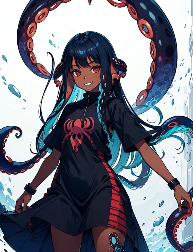 solo, long hair, looking at viewer, smile, simple background, red eyes, 1girl, white background, very long hair, blue hair, standing,  teeth, monster, black skin,highres, (portrait:.6),Detailedface,
(detailed face:1), (tentacle hair:1.4),ASU1