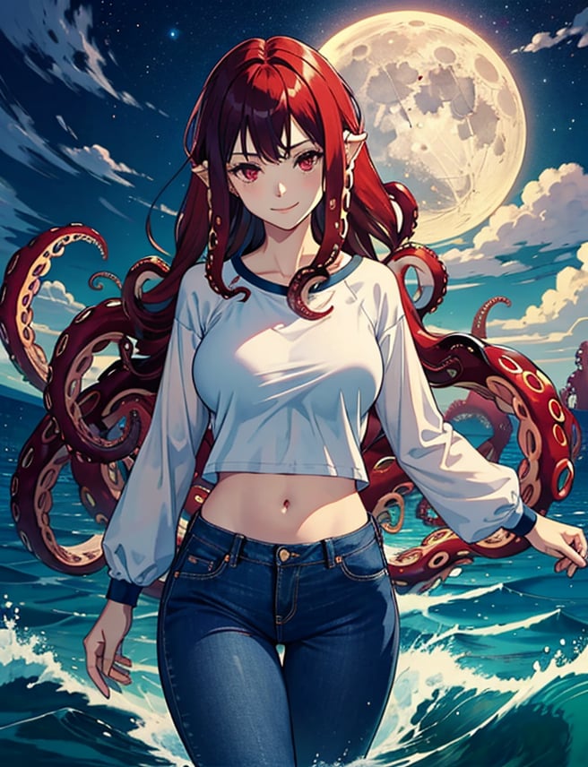 1girl, solo, long hair, breasts, looking at viewer, smile, large breasts, shirt, red eyes, navel, white shirt, red hair, outdoors, sky, midriff, pants, cloud, water, night, ocean, black pants, moon, denim, monster girl, night sky, tentacles, full moon, jeans, tentacle hair, raglan sleeves, waves



(portrait:.6),Detailedface,
(detailed face:1), (tentacle hair:1.4),ASU1