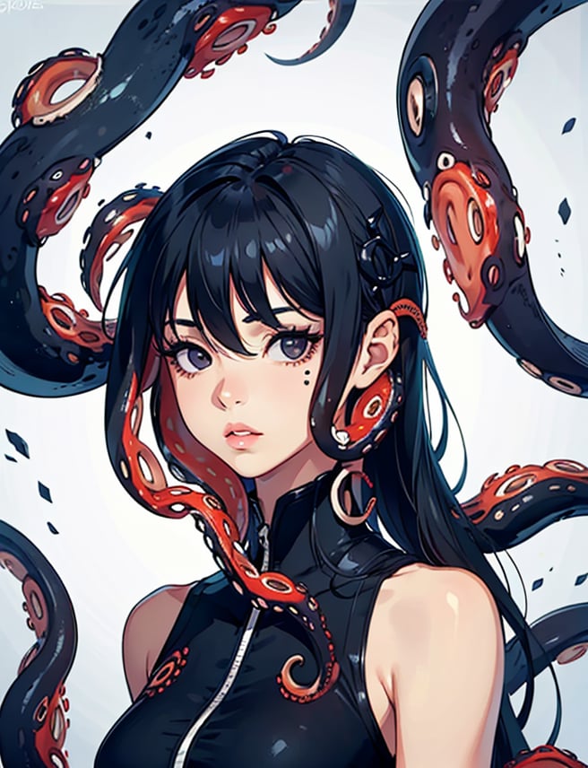 1girl, solo, long hair, breasts, looking at viewer, simple background, black hair, hair ornament, white background, hair between eyes, bare shoulders, upper body, parted lips, sleeveless, black eyes, lips, eyelashes, tentacles



(portrait:.6),Detailedface,
(detailed face:1), (tentacle hair:1.4),ASU1